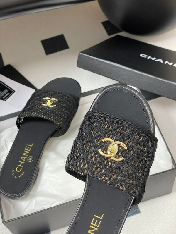 CC 25S Buckle Bag Mule Black Lace Fabric and Sheepskin 247589