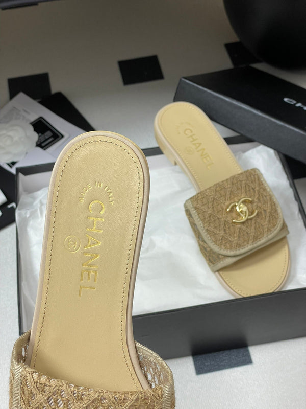 CC 25S Buckle Bag Mule Beige Lace Fabric and Sheepskin 247591