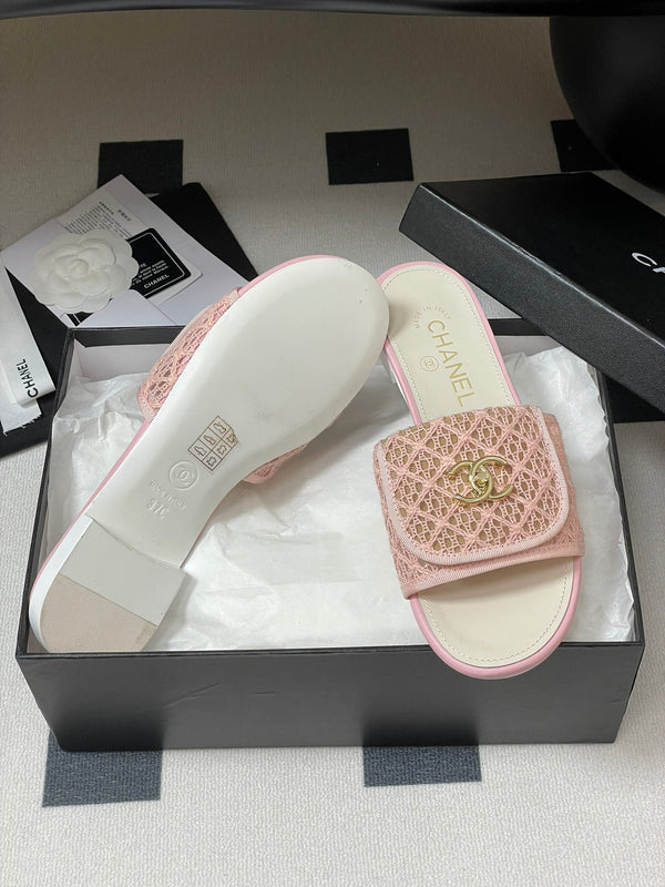 CC 25S Buckle Bag Mule Pink Lace Fabric White Sheepskin 247592