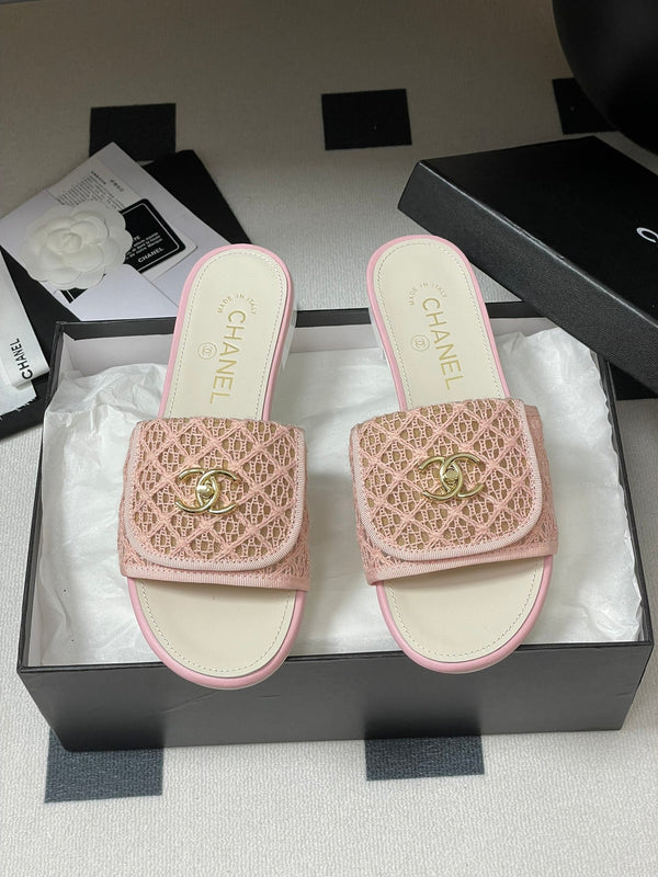 CC 25S Buckle Bag Mule Pink Lace Fabric White Sheepskin 247592