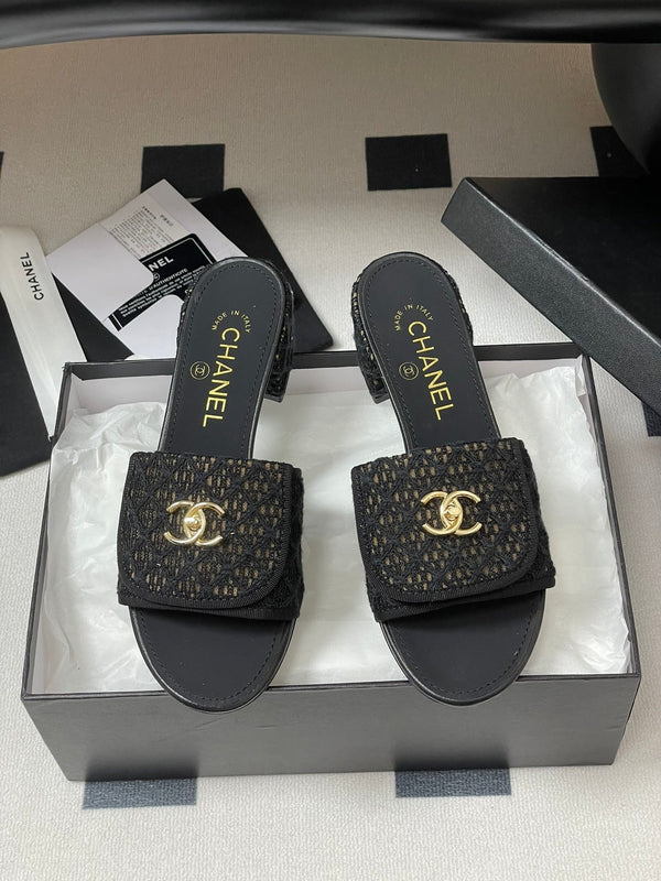 CC 25S Buckle Bag Mule Sandal 50mm Black Lace Fabric and Sheepskin 247593