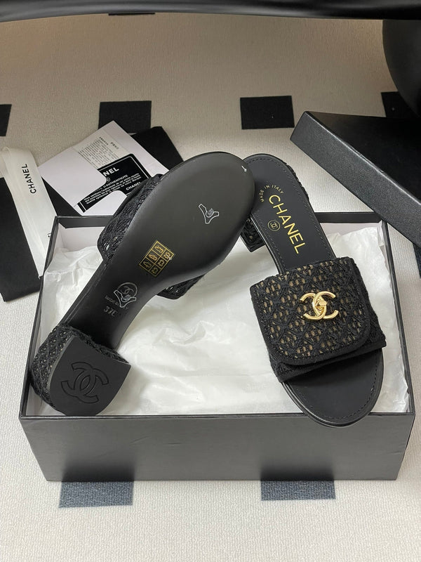 CC 25S Buckle Bag Mule Sandal 50mm Black Lace Fabric and Sheepskin 247593