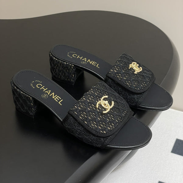 CC 25S Buckle Bag Mule Sandal 50mm Black Lace Fabric and Sheepskin 247593