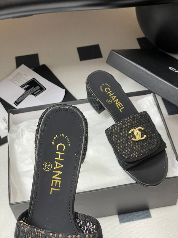 CC 25S Buckle Bag Mule Sandal 50mm Black Lace Fabric and Sheepskin 247593