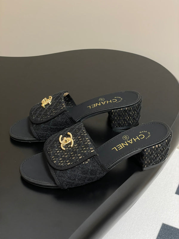 CC 25S Buckle Bag Mule Sandal 50mm Black Lace Fabric and Sheepskin 247593