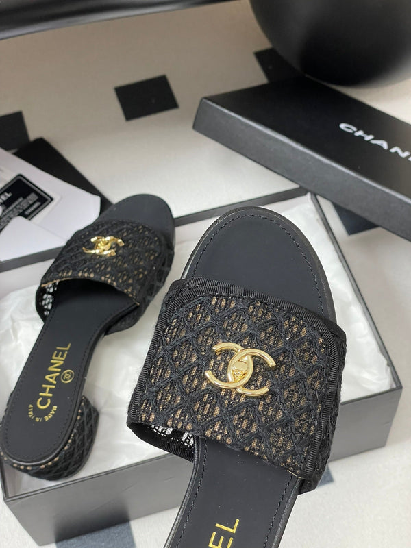 CC 25S Buckle Bag Mule Sandal 50mm Black Lace Fabric and Sheepskin 247593