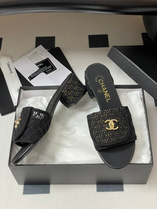 CC 25S Buckle Bag Mule Sandal 50mm Black Lace Fabric and Sheepskin 247593