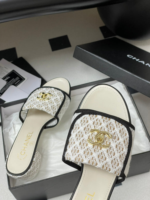 CC 25S Buckle Bag Mule Sandal 50mm White Mix Black Lace Fabric and Sheepskin 247594