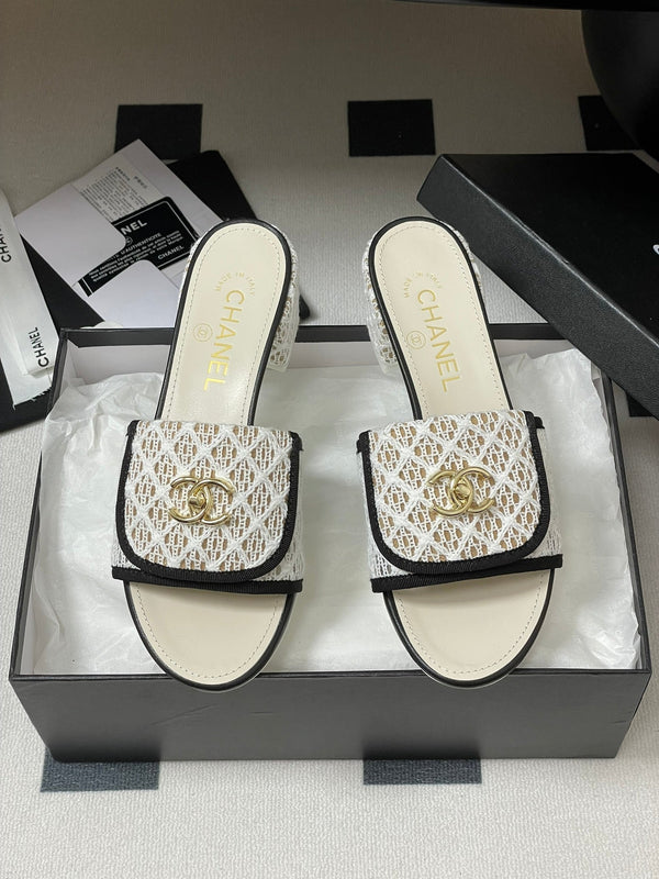 CC 25S Buckle Bag Mule Sandal 50mm White Mix Black Lace Fabric and Sheepskin 247594