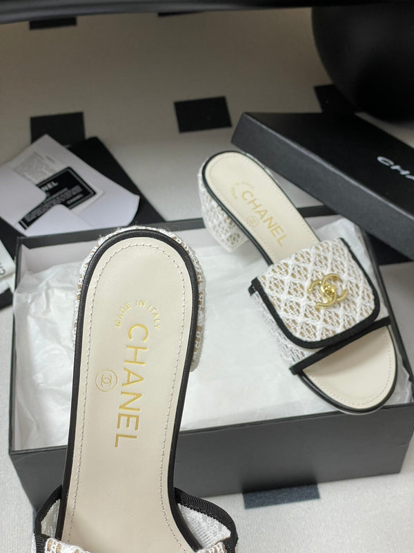 CC 25S Buckle Bag Mule Sandal 50mm White Mix Black Lace Fabric and Sheepskin 247594