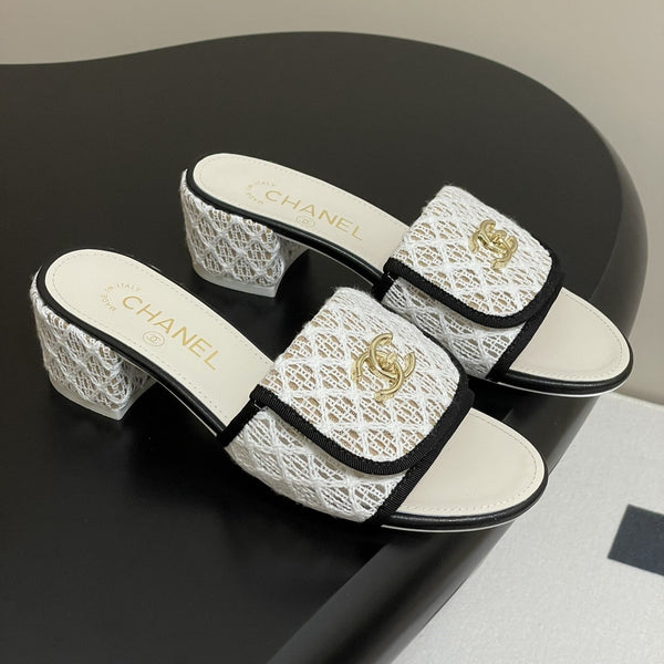 CC 25S Buckle Bag Mule Sandal 50mm White Mix Black Lace Fabric and Sheepskin 247594