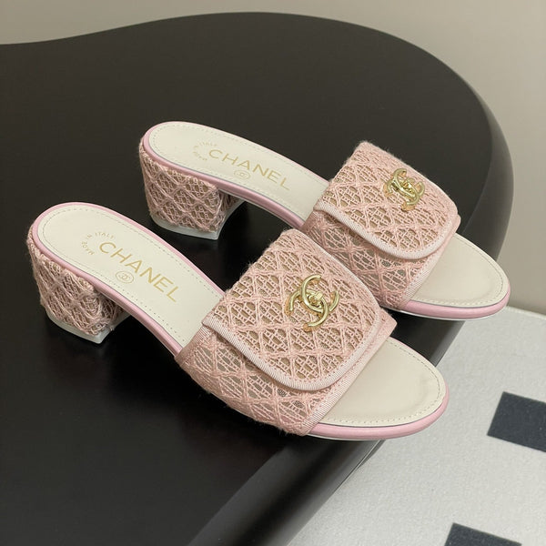 CC 25S Buckle Bag Mule Sandal 50mm Pink Lace Fabric and White Sheepskin 247596