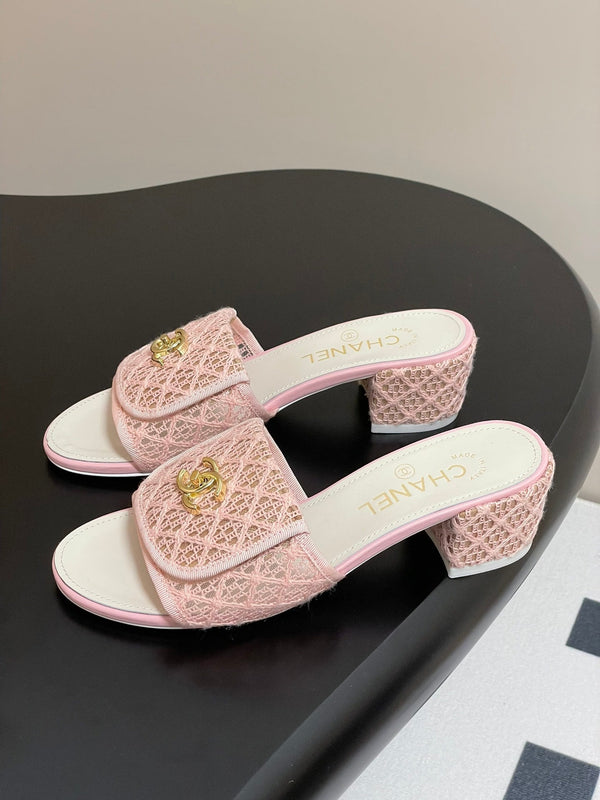 CC 25S Buckle Bag Mule Sandal 50mm Pink Lace Fabric and White Sheepskin 247596