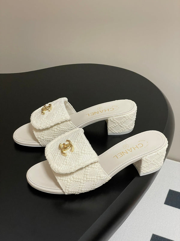 CC 25S Buckle Bag Mule Sandal 50mm White Fabric and Sheepskin 247601