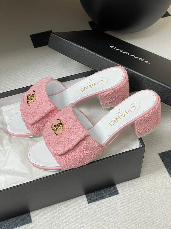 CC 25S Buckle Bag Mule Sandal 50mm Pink Fabric and White Sheepskin 247602