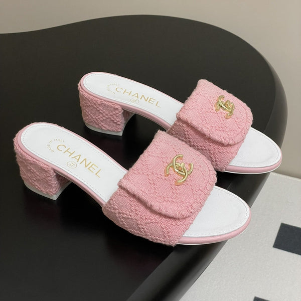 CC 25S Buckle Bag Mule Sandal 50mm Pink Fabric and White Sheepskin 247602