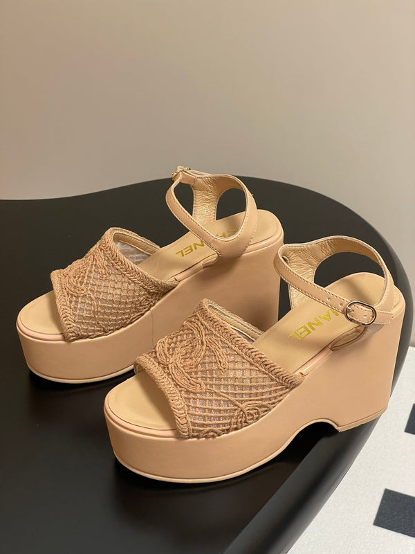 CC 25S Small Wedge Thick-Soled Sandal 10cm Beige Woven 247603