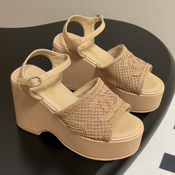 CC 25S Small Wedge Thick-Soled Sandal 10cm Beige Woven 247603