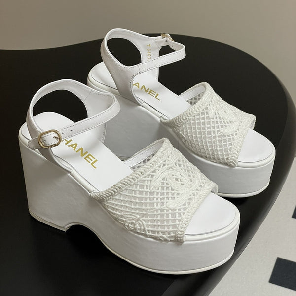 CC 25S Small Wedge Thick-Soled Sandal 10cm White Woven 247605