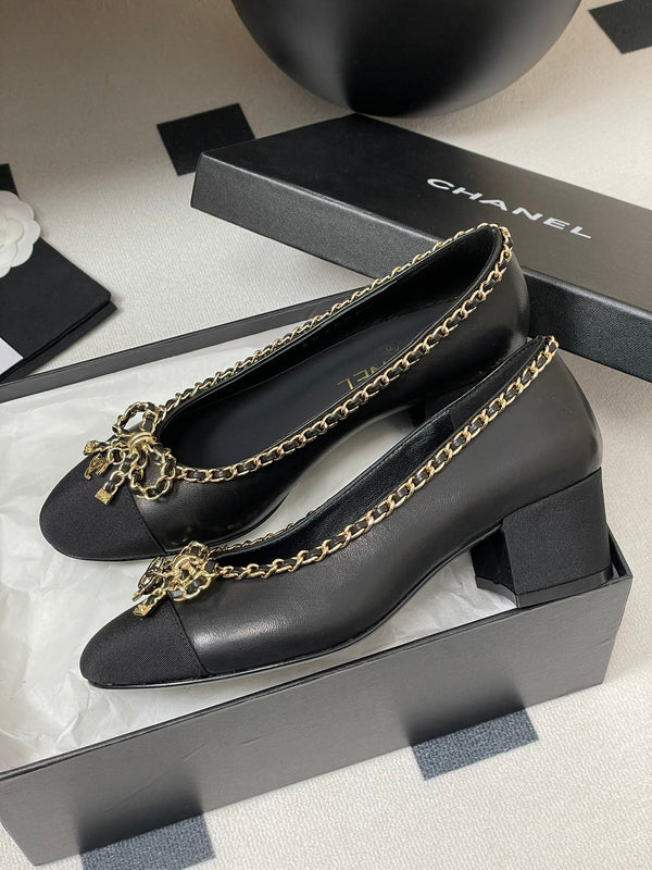 CC 25S 60mm Chain Bow Single Pumps Black Sheepskin Grosgrain 247664