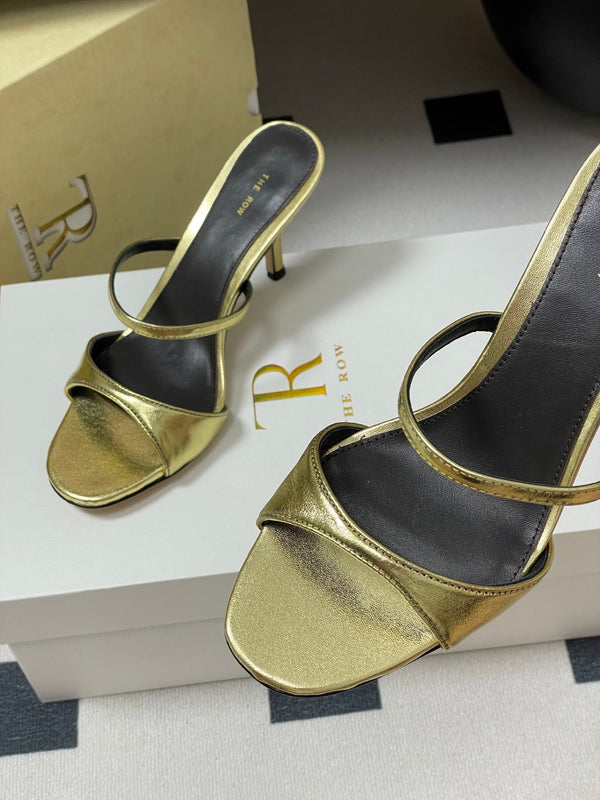 Sandali con tacco alto e cinturino The Row 25S, 85 mm, in pelle di vacchetta metallizzata nera e oro 286210