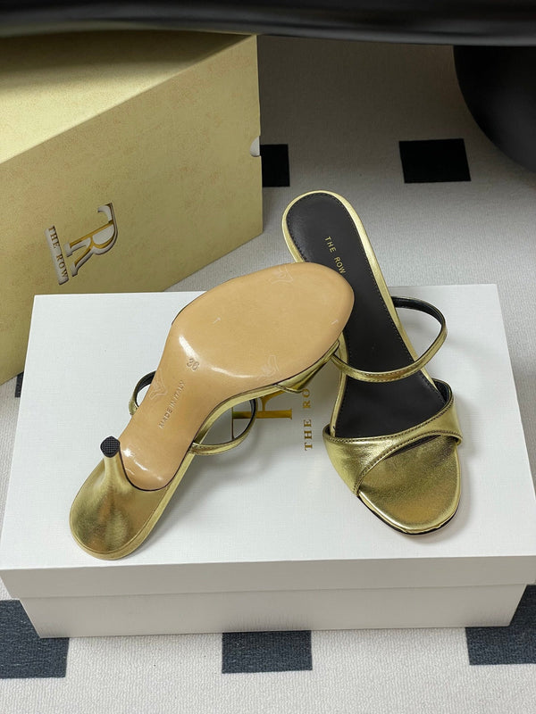 Sandali con tacco alto e cinturino The Row 25S, 85 mm, in pelle di vacchetta metallizzata nera e oro 286210