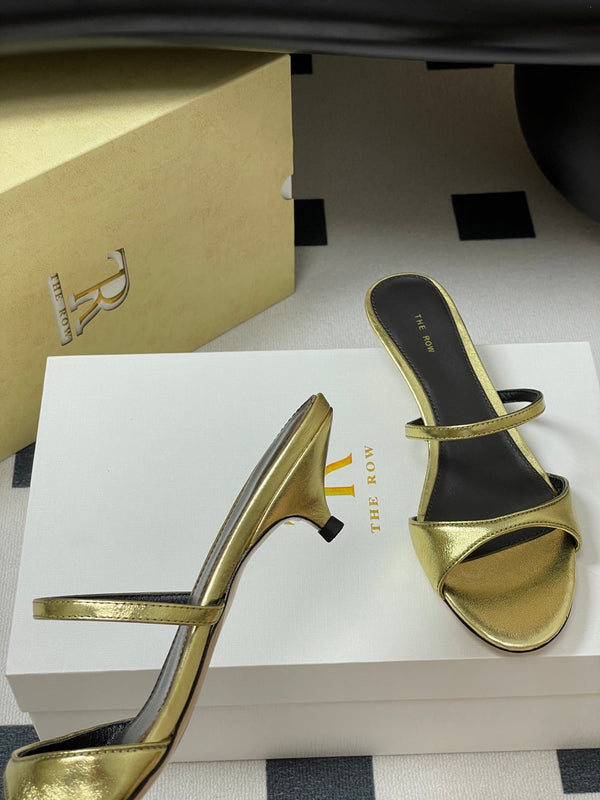 The Row 25S Strap High Heel Mule Sandals 35mm Black Mix Gold Metallic Cowhide 286218