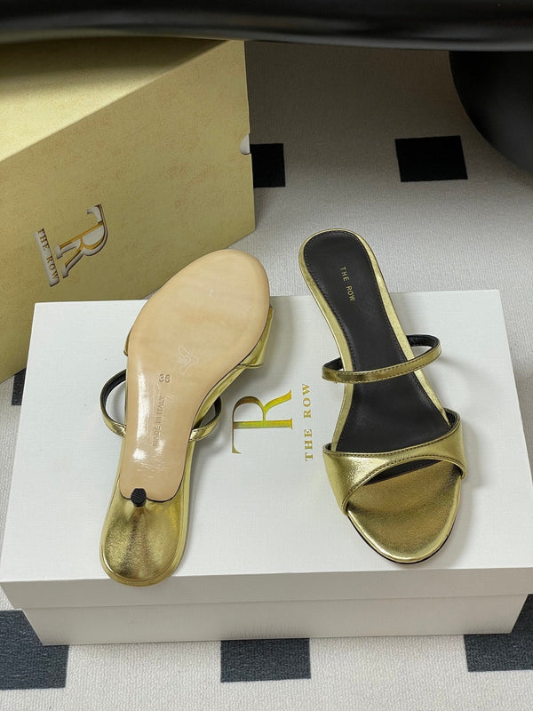 The Row 25S Strap High Heel Mule Sandals 35mm Black Mix Gold Metallic Cowhide 286218