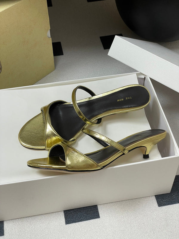 The Row 25S Strap High Heel Mule Sandals 35mm Black Mix Gold Metallic Cowhide 286218