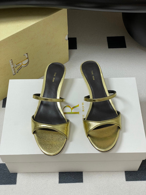 The Row 25S Strap High Heel Mule Sandals 35mm Black Mix Gold Metallic Cowhide 286218