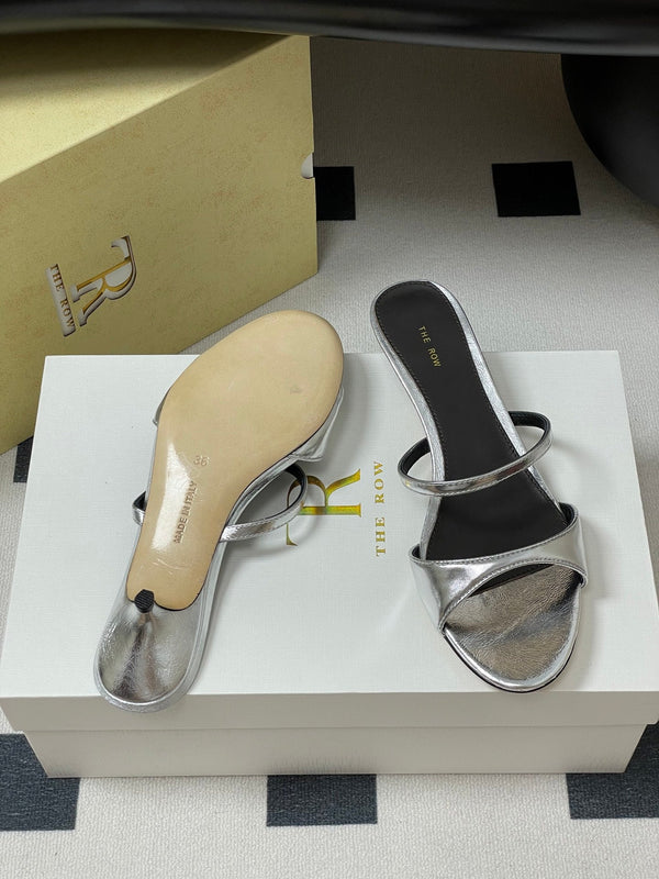 The Row 25S Strap High Heel Mule Sandals 35mm Black Mix Silver Metallic Cowhide 286217