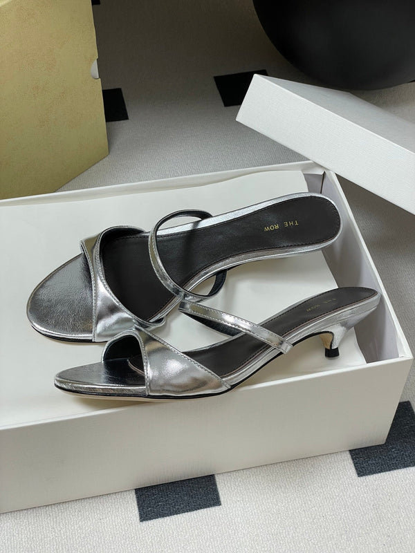 The Row 25S Strap High Heel Mule Sandals 35mm Black Mix Silver Metallic Cowhide 286217