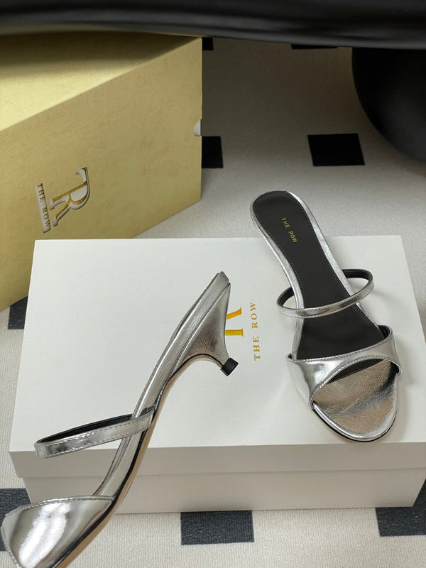 The Row 25S Strap High Heel Mule Sandals 35mm Black Mix Silver Metallic Cowhide 286217