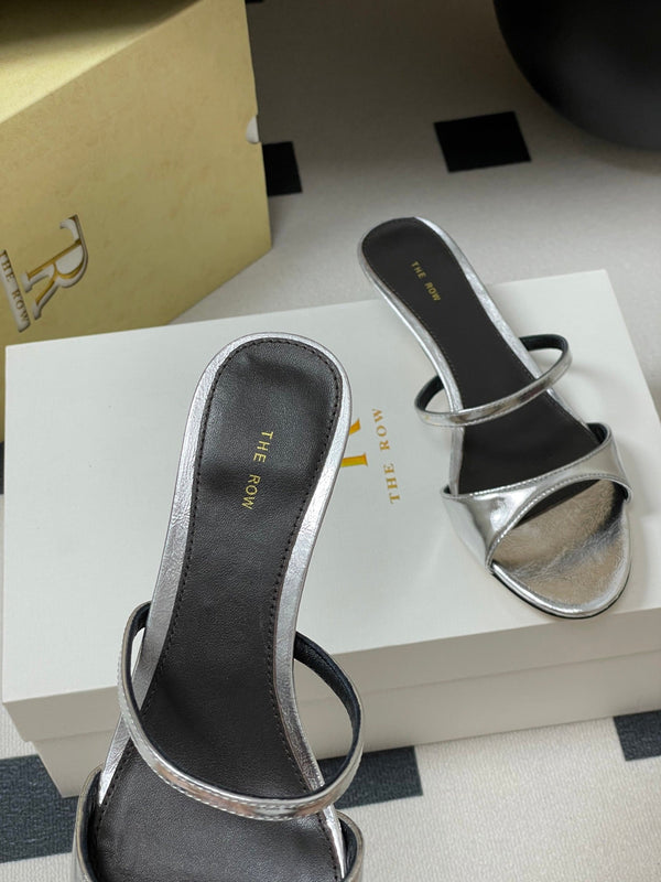 The Row 25S Strap High Heel Mule Sandals 35mm Black Mix Silver Metallic Cowhide 286217