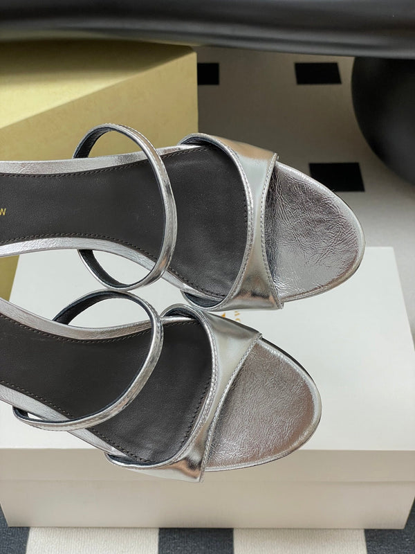 The Row 25S Strap High Heel Mule Sandals 35mm Black Mix Silver Metallic Cowhide 286217