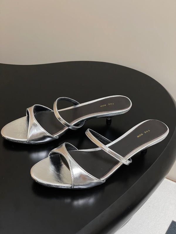 The Row 25S Strap High Heel Mule Sandals 35mm Black Mix Silver Metallic Cowhide 286217