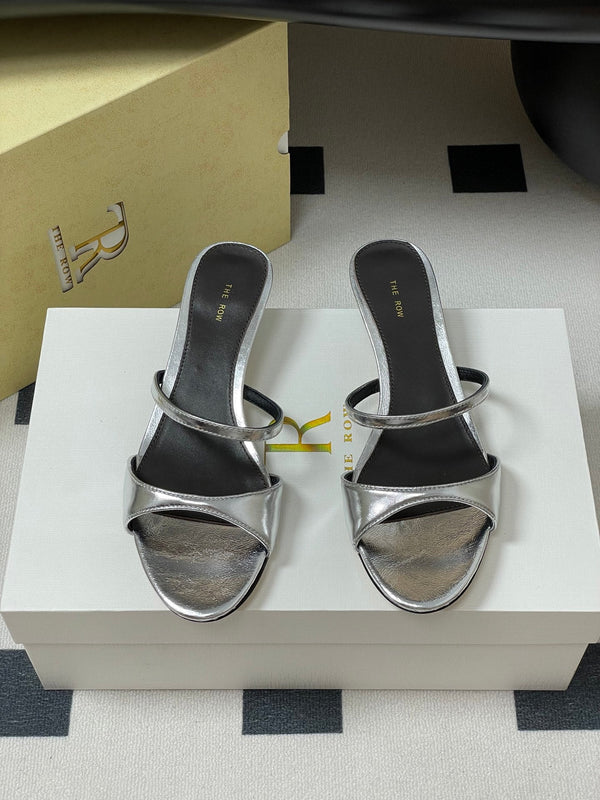 The Row 25S Strap High Heel Mule Sandals 35mm Black Mix Silver Metallic Cowhide 286217