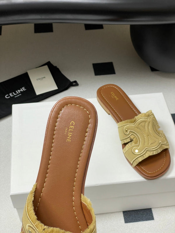 CL Marina Fringed Flat Mule In Caramel Denim 319735