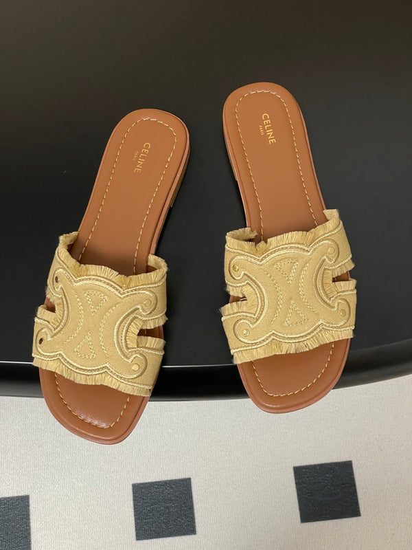 CL Marina Fringed Flat Mule In Caramel Denim 319735