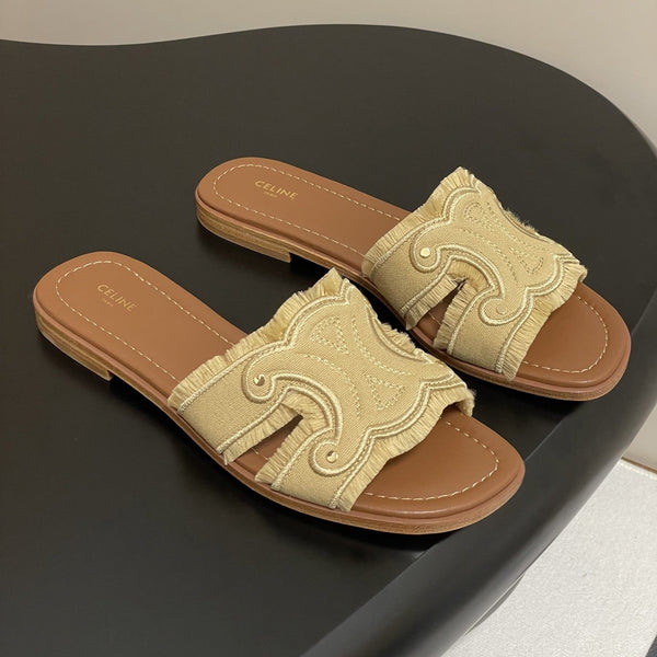 CL Marina Fringed Flat Mule In Caramel Denim 319735