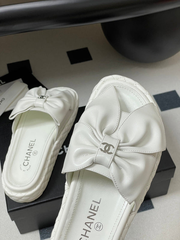 CC 25SS Big Bow Thick-soled Mule Sandals White Lambskin 319707