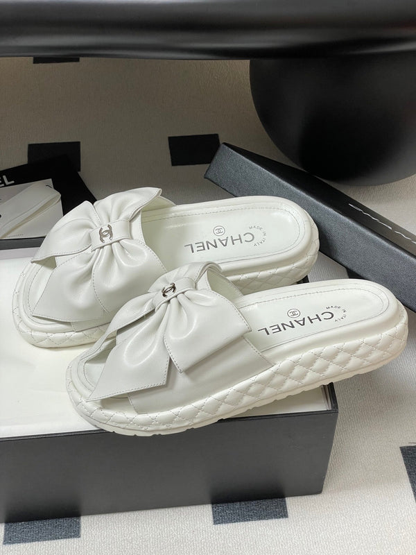 CC 25SS Big Bow Thick-soled Mule Sandals White Lambskin 319707