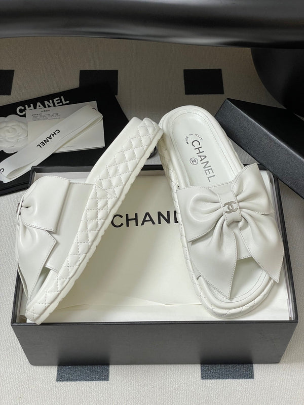 CC 25SS Big Bow Thick-soled Mule Sandals White Lambskin 319707