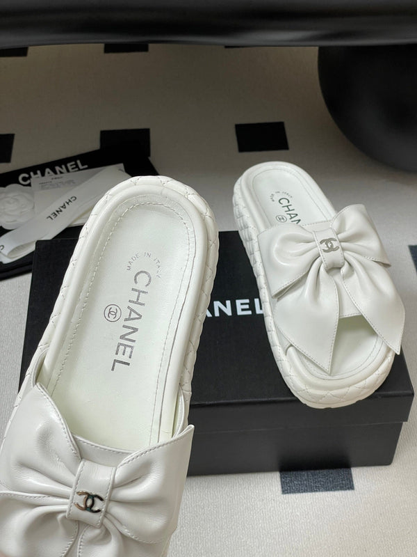 CC 25SS Big Bow Thick-soled Mule Sandals White Lambskin 319707