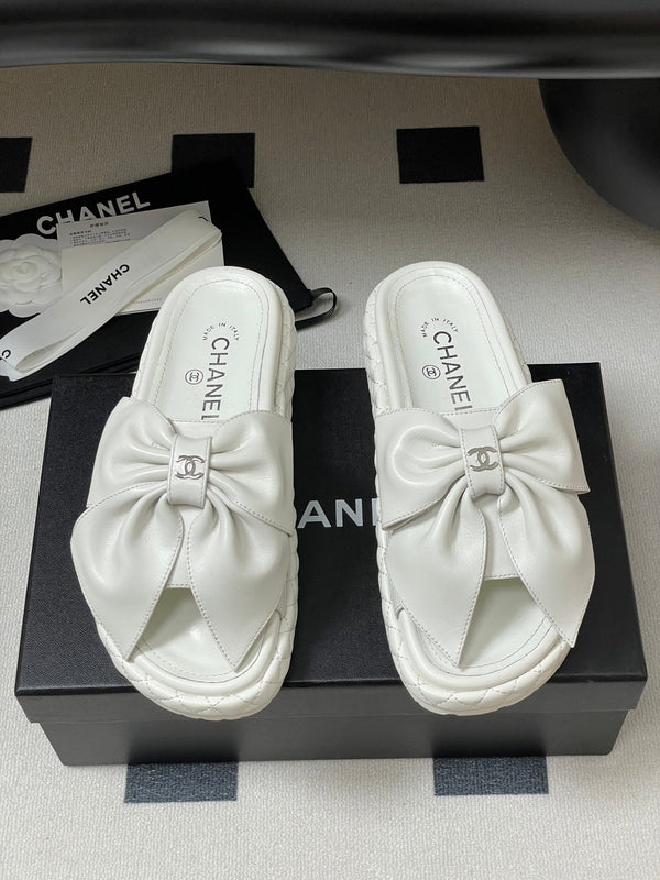 CC 25SS Big Bow Thick-soled Mule Sandals White Lambskin 319707