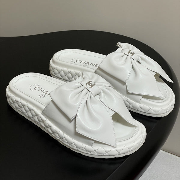 CC 25SS Big Bow Thick-soled Mule Sandals White Lambskin 319707