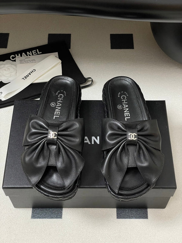 CC 25SS Big Bow Thick-soled Mule Sandals Black Lambskin 319708