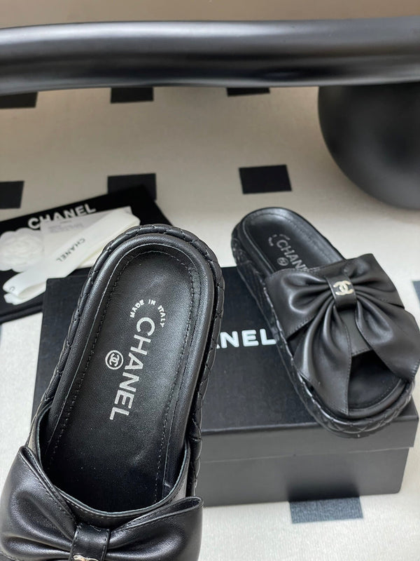 CC 25SS Big Bow Thick-soled Mule Sandals Black Lambskin 319708
