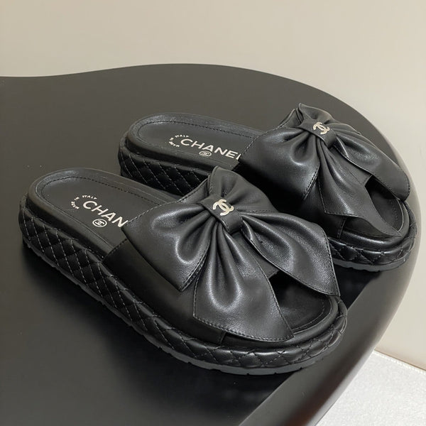 CC 25SS Big Bow Thick-soled Mule Sandals Black Lambskin 319708