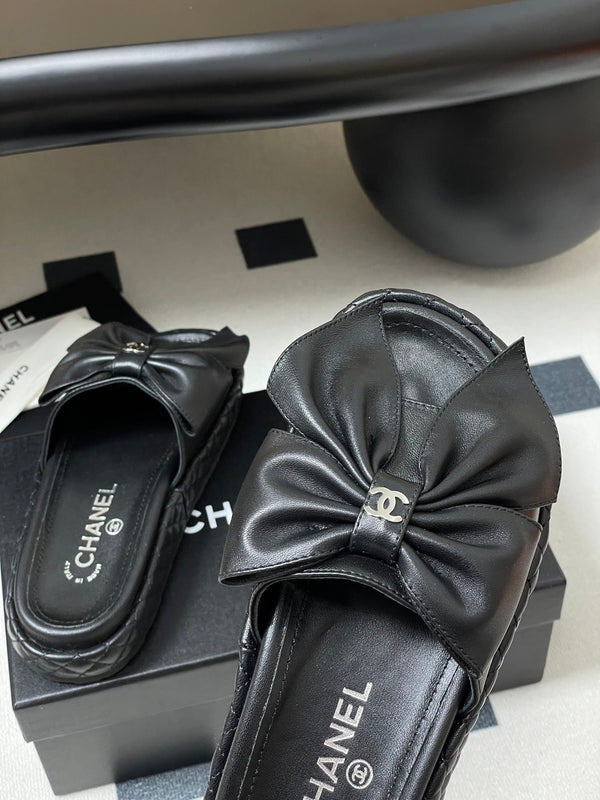 CC 25SS Big Bow Thick-soled Mule Sandals Black Lambskin 319708